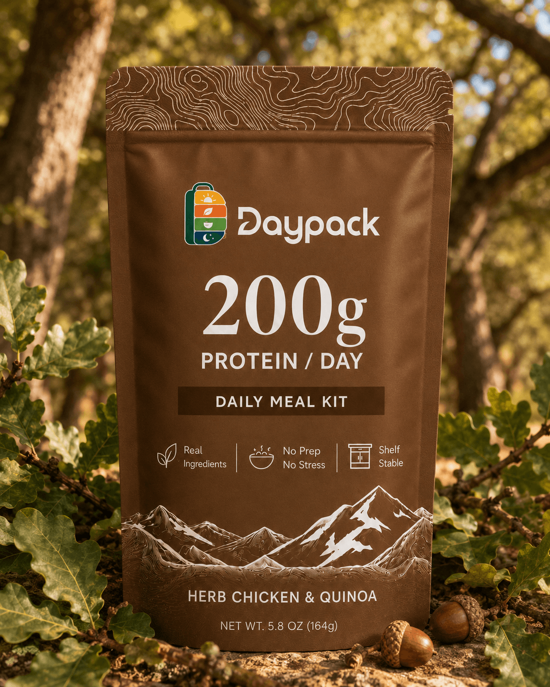 Daypack 200g daily meal kit pouch in warm oak brown among oak leaves and acorns.