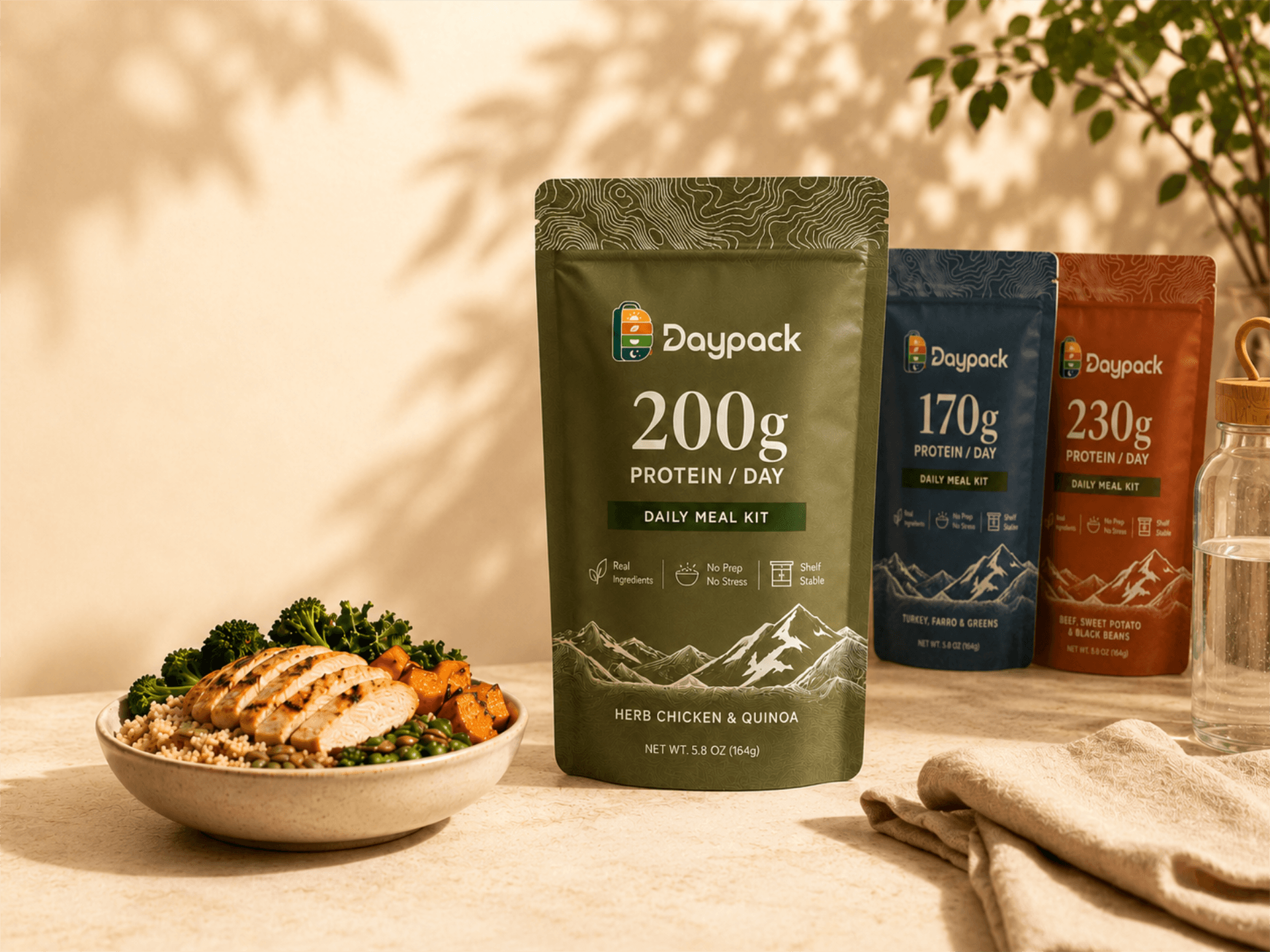 Daypack 200g daily meal kit pouch with a bowl of chicken, grains, and vegetables.